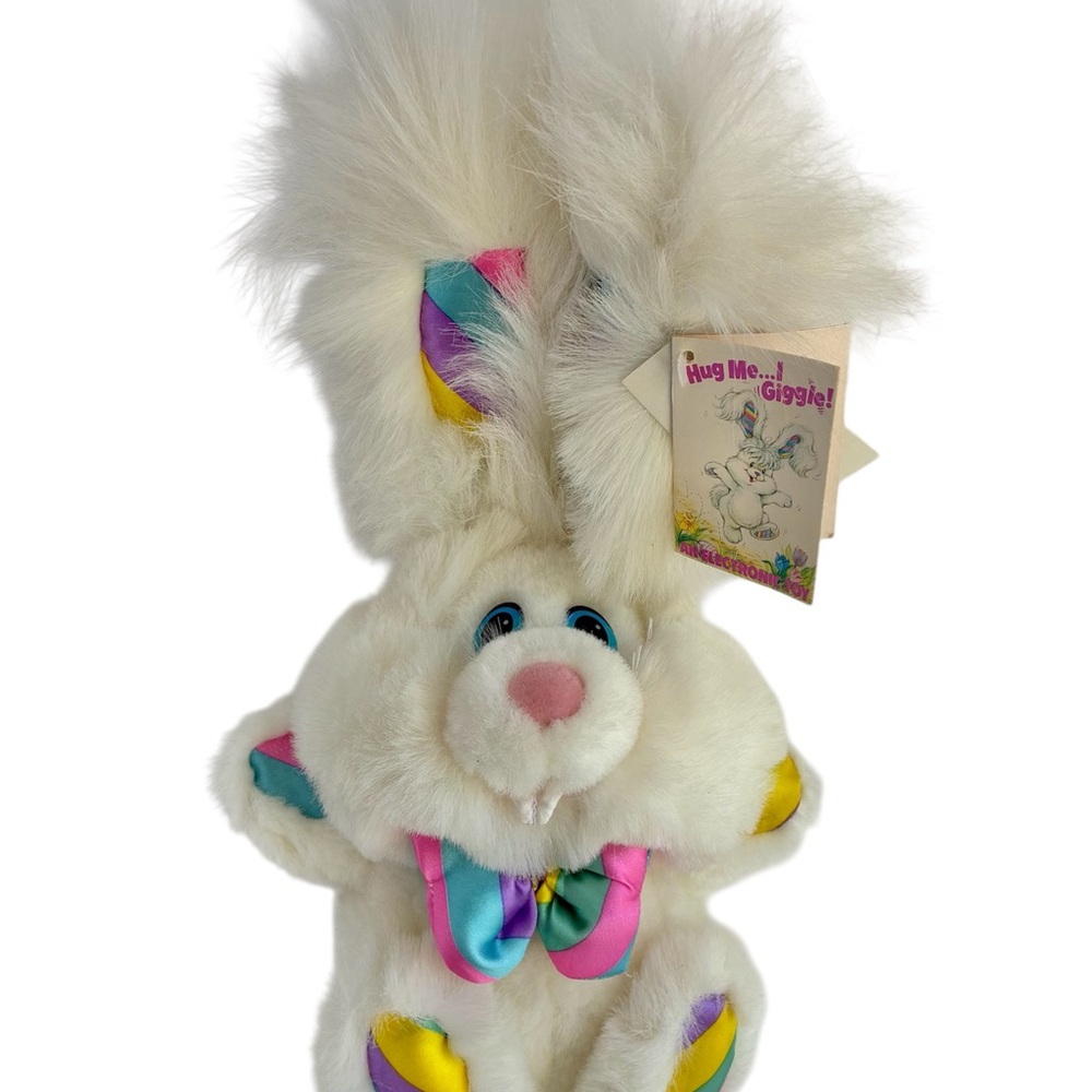 Vintage 1993 Kmart Giggle Bunny Plush Rabbit White Blue Pink Toy 12" Not Working